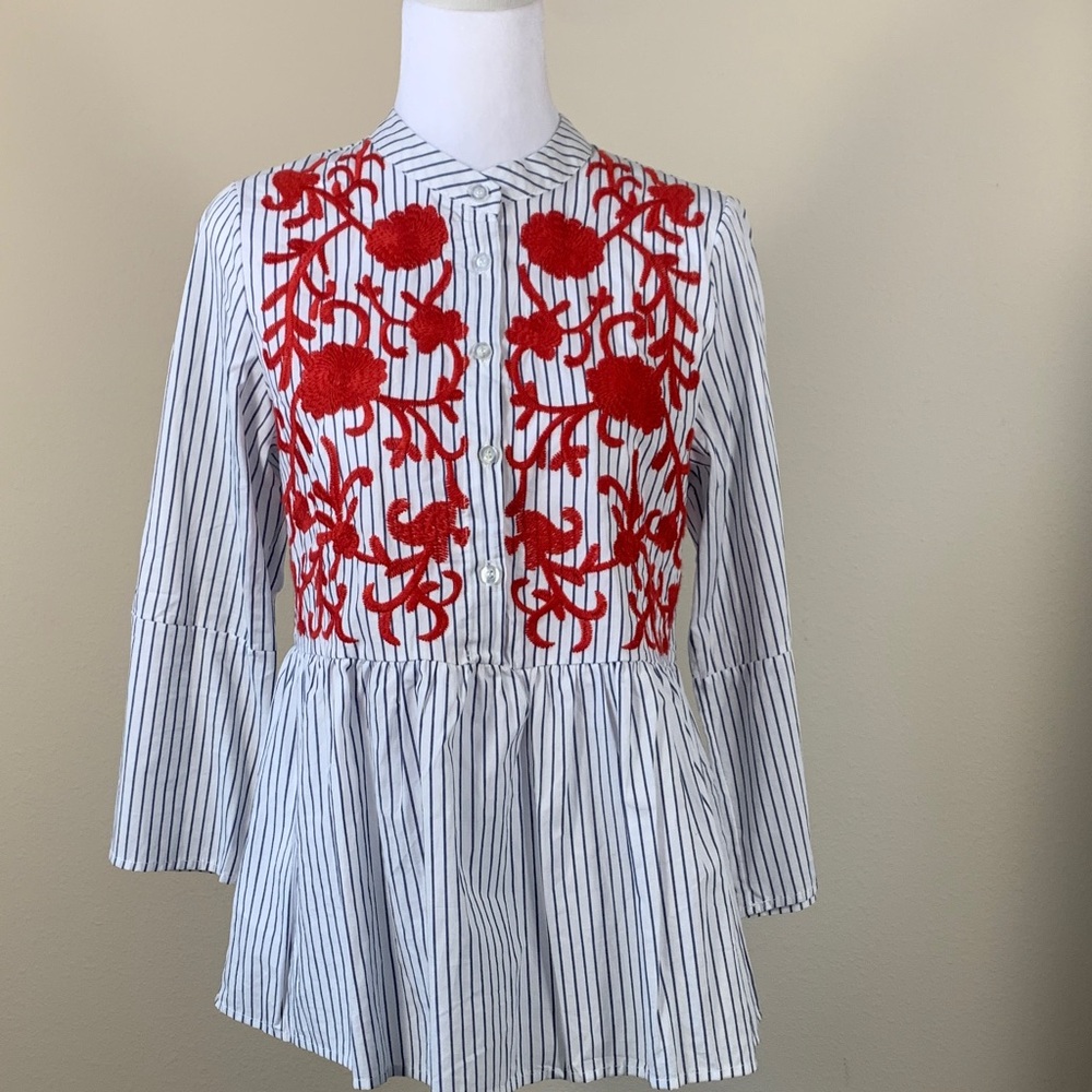 Haute Rogue Stripped Peplum Blouse with Red Floral Embroidery